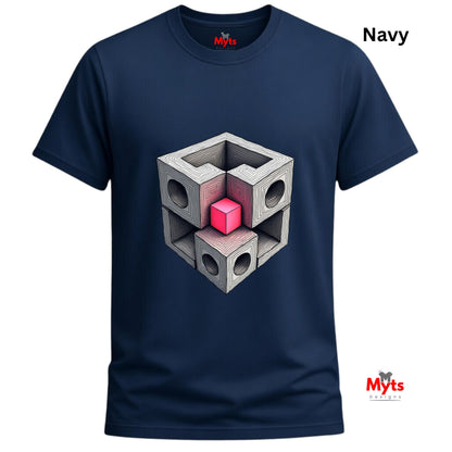 Navy blue t-shirt with geometric cube design in the center, brand 'Myts' visible.
