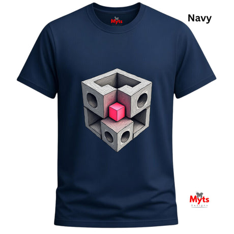 Navy blue t-shirt with geometric cube design in the center, brand 'Myts' visible.