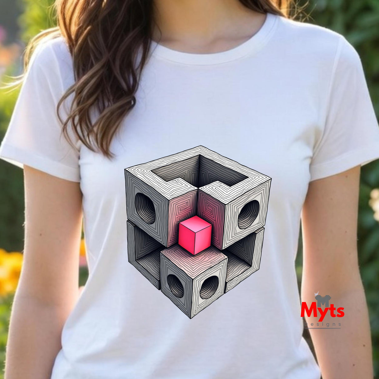 Person wearing a white t-shirt with a geometric design and 'Myts' branding.