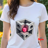 Person wearing a white t-shirt with a geometric design and 'Myts' branding.
