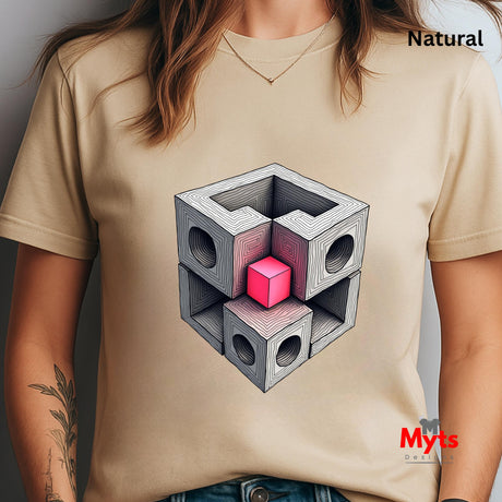Natural t-shirt with geometric design featuring a pink cube, worn by a person.