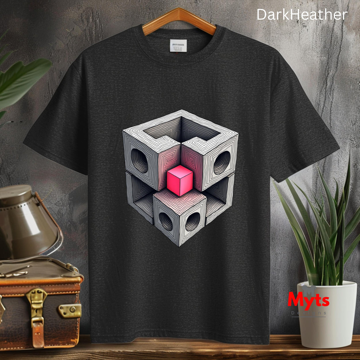 Dark Heather t-shirt with geometric design on a wooden surface with plants and a suitcase.