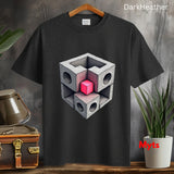Dark Heather t-shirt with geometric design on a wooden surface with plants and a suitcase.