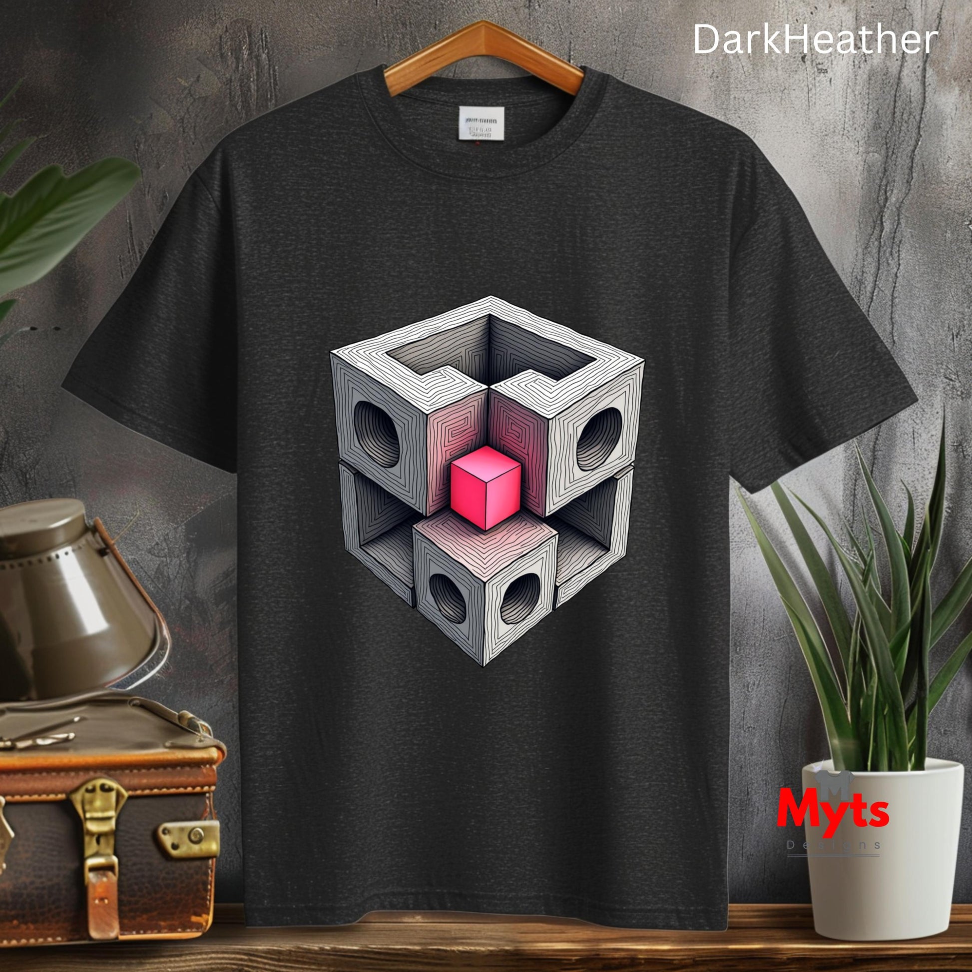 Dark Heather t-shirt with geometric design on a wooden surface with plants and a suitcase.