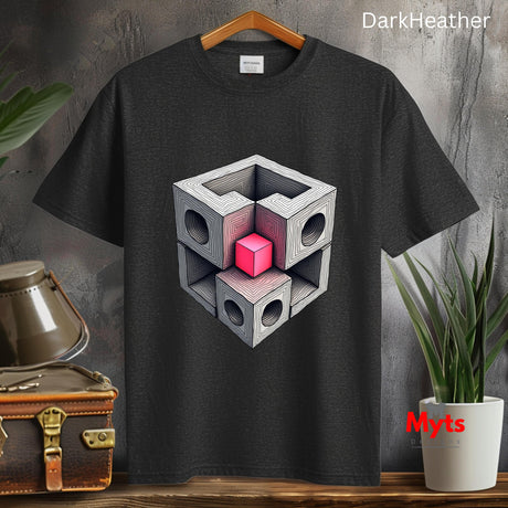 Dark Heather t-shirt with geometric design on a wooden surface with plants and a suitcase.