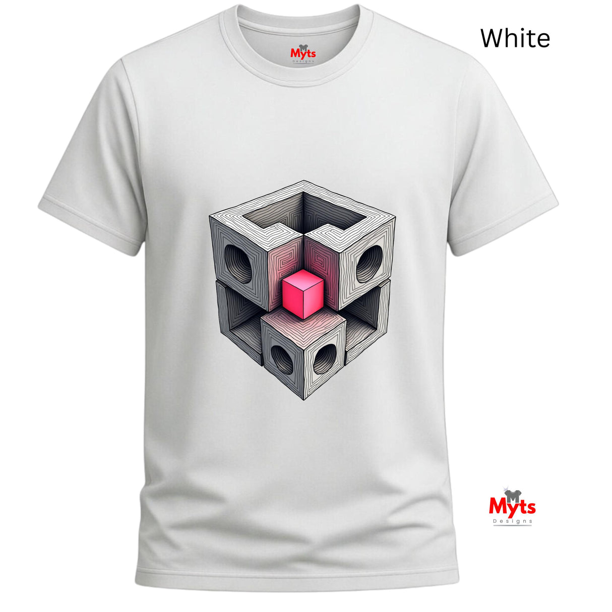 White t-shirt with geometric cube design and 'Myts' branding on a white background