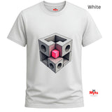White t-shirt with geometric cube design and 'Myts' branding on a white background