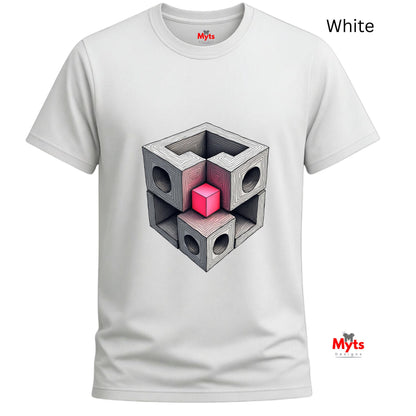 White t-shirt with geometric cube design and 'Myts' branding on a white background