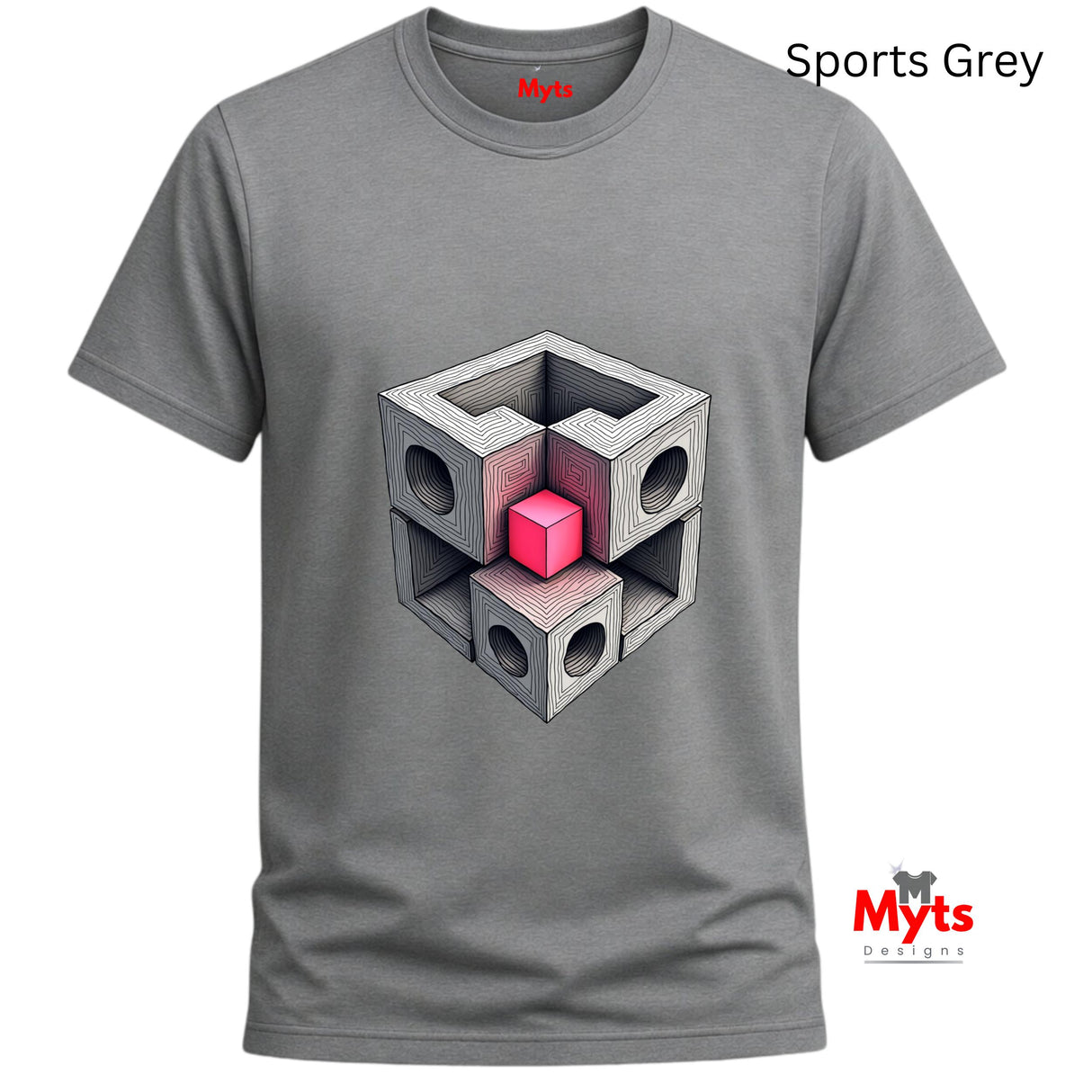 Gray t-shirt with geometric design and 'Myts' branding on a white background