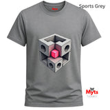 Gray t-shirt with geometric design and 'Myts' branding on a white background