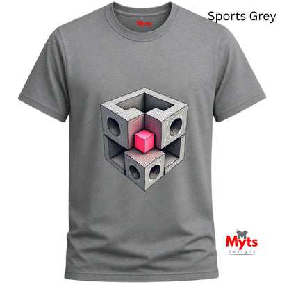 Gray t-shirt with geometric design and 'Myts' branding on a white background