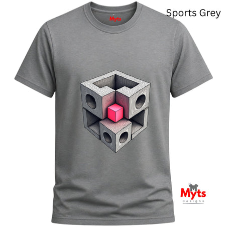 Gray t-shirt with geometric design and 'Myts' branding on a white background