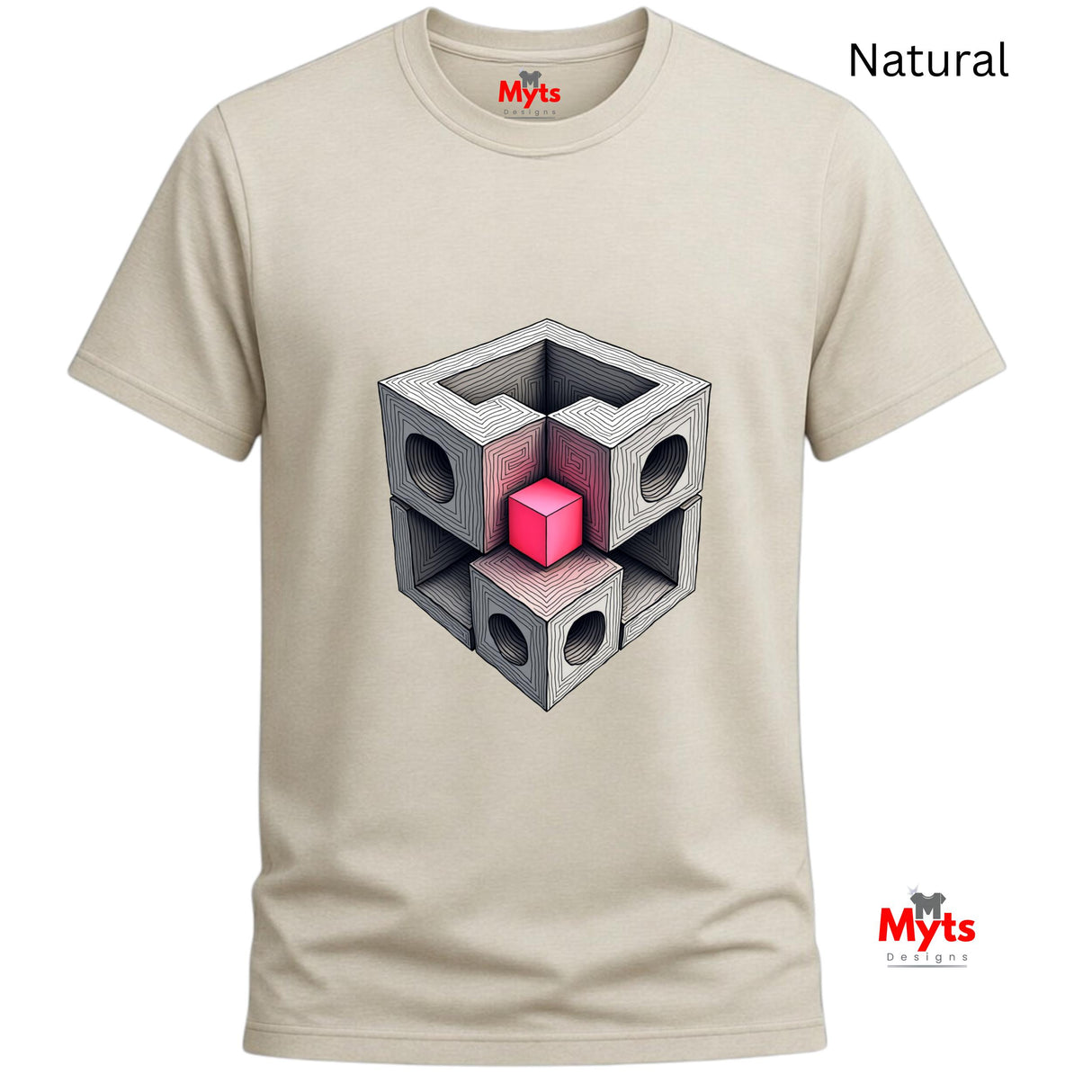 Natural t-shirt with geometric design featuring a pink cube, branded 'Myts'.
