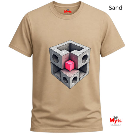 Sand t-shirt with geometric design and 'Myts' branding on a white background