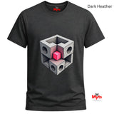 Dark Heather t-shirt with geometric cube design and 'Myts' branding.