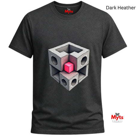 Dark Heather t-shirt with geometric cube design and 'Myts' branding.