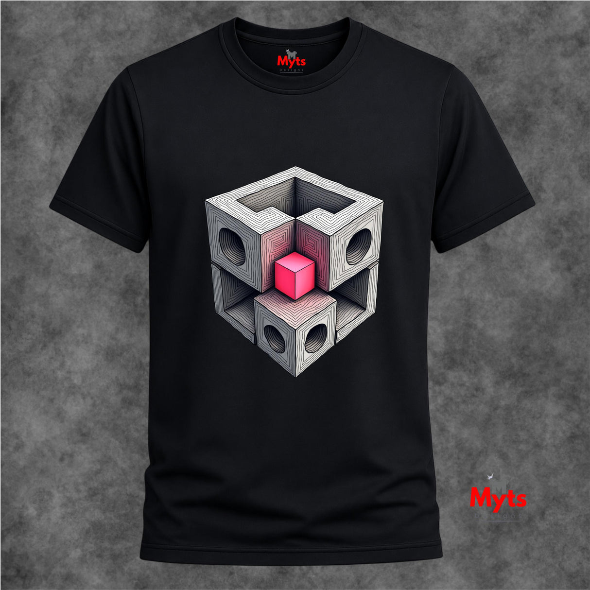 Black t-shirt with geometric cube design on a textured gray background