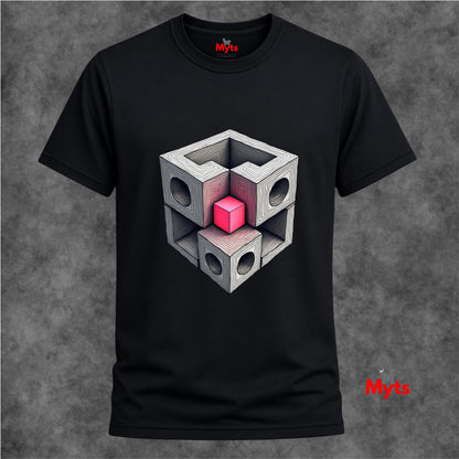 Black t-shirt with geometric cube design on a textured gray background