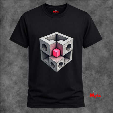 Black t-shirt with geometric cube design on a textured gray background