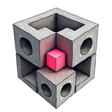 Geometric 3D puzzle with a pink cube inside gray and black blocks on a white background