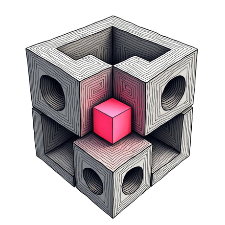 Geometric 3D puzzle with a pink cube inside gray and black blocks on a white background