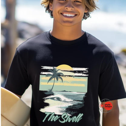 Person wearing a black t-shirt with a beach graphic and 'The Swell' text, holding a surfboard on a beach.
