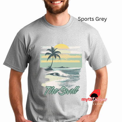 Person wearing a gray t-shirt with a beach graphic and 'The Swell' text, brand 'mytDesigns' visible.