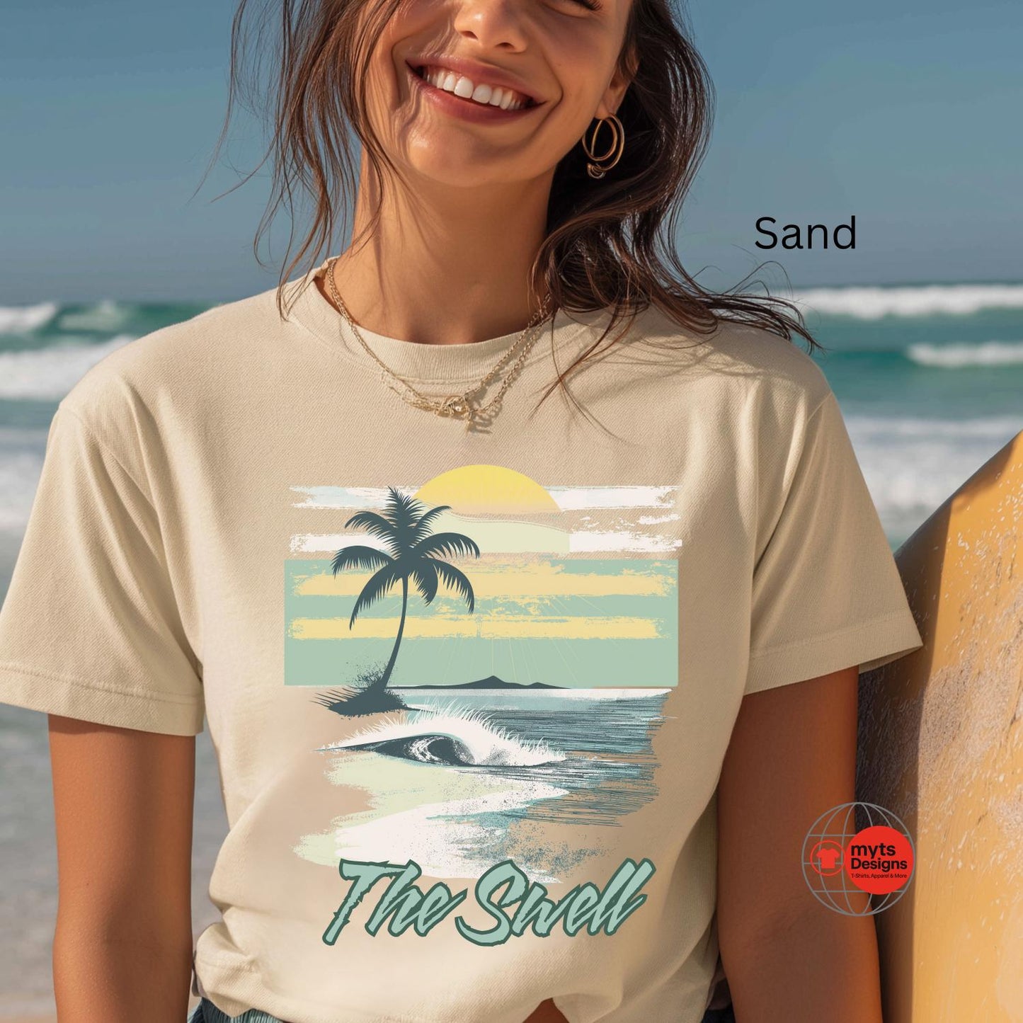 Woman wearing a t-shirt with a beach design on a beach
