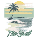 Sunny beach scene with palm tree, waves, and 'The Swell' text.