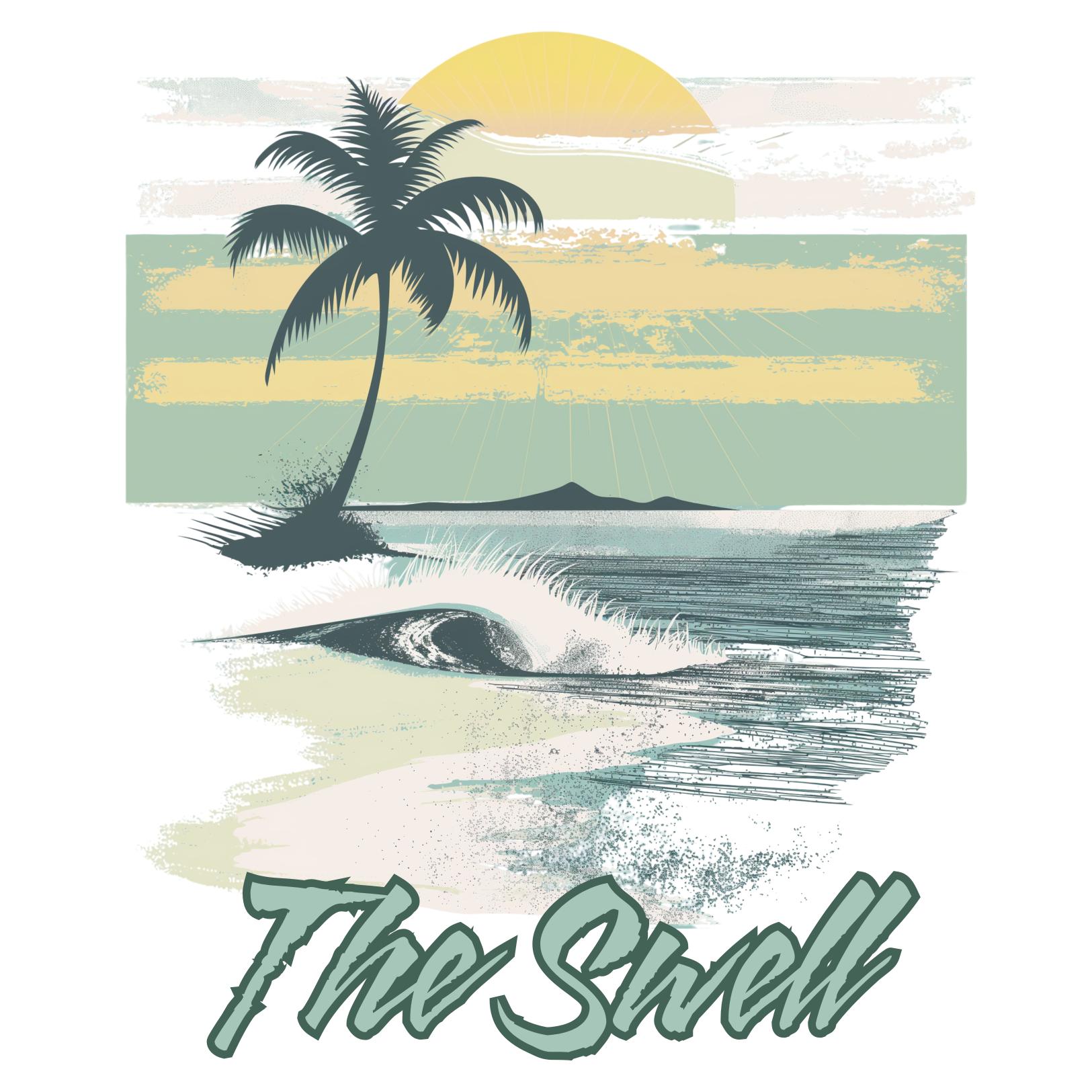 Sunny beach scene with palm tree, waves, and 'The Swell' text.