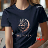 Woman wearing a Navy The Vixen Moon fox graphic T-shirt featuring a detailed celestial fox portrait, crescent moon, stars and botanical artwork.