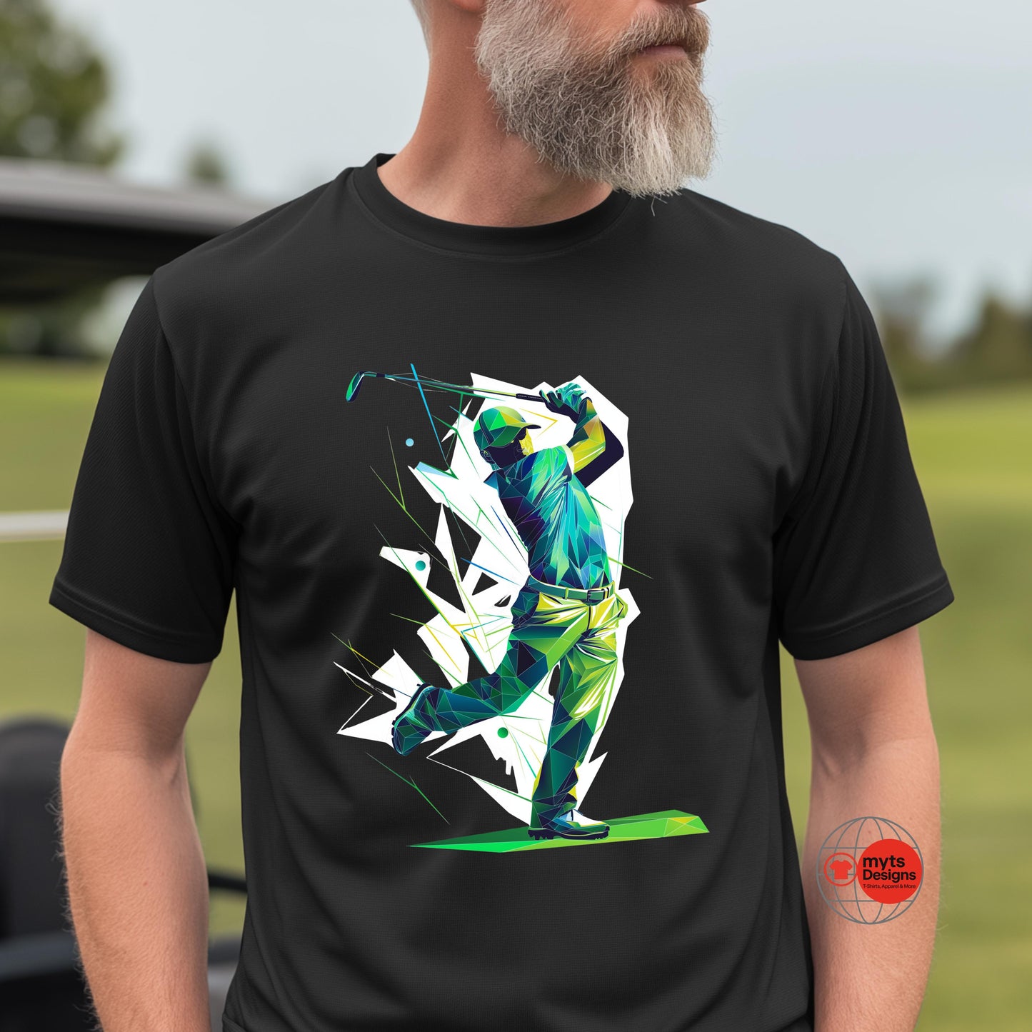 Man wearing a black t-shirt with a colorful graphic of a golfer on a golf course.