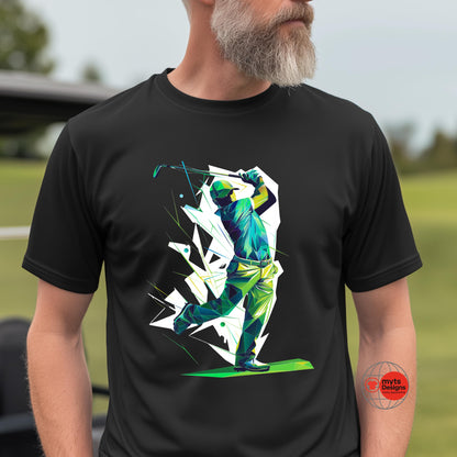 Man wearing a black t-shirt with a colorful graphic of a golfer on a golf course.