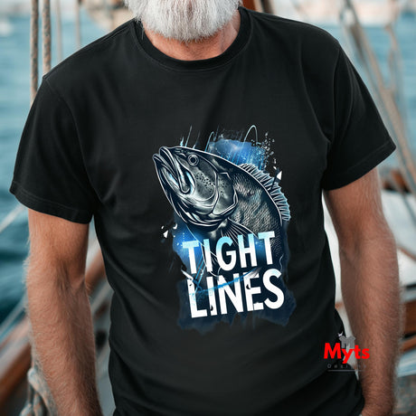 Person wearing a black t-shirt with a fish graphic and 'Tight Lines' text on a boat.
