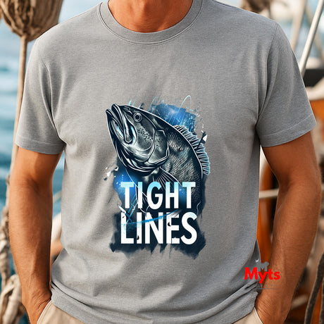Person wearing a gray t-shirt with a fish graphic and 'Tight Lines' text on a boat.