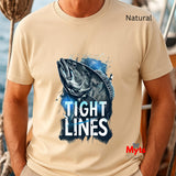 Natural t-shirt with a fish graphic and 'Tight Lines' text, worn by a person on a boat.