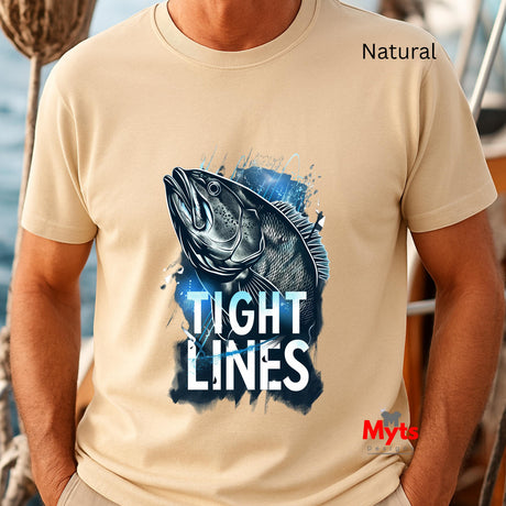 Natural t-shirt with a fish graphic and 'Tight Lines' text, worn by a person on a boat.