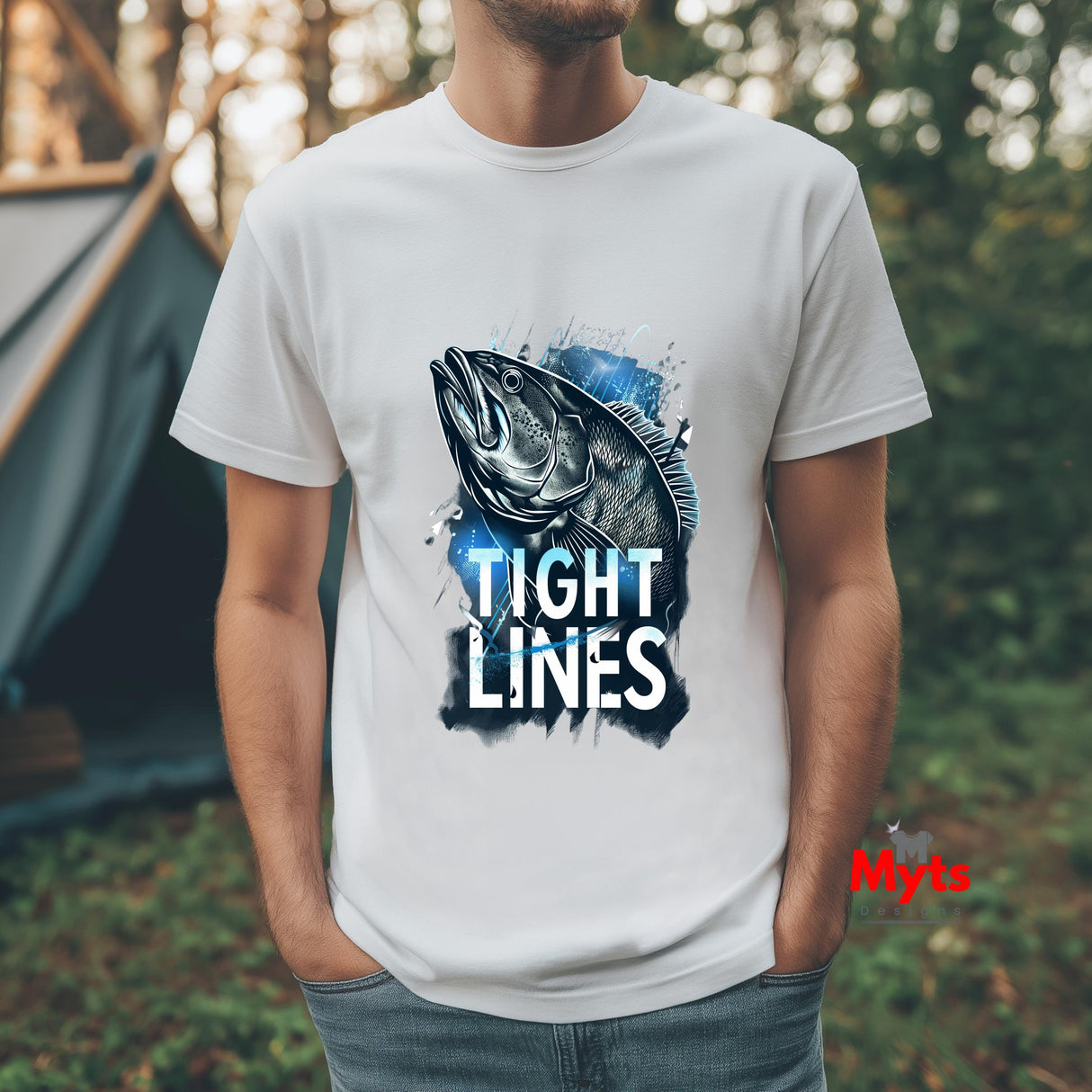 Person wearing a white t-shirt with a fish graphic and 'TIGHT LINES' text, standing outdoors.