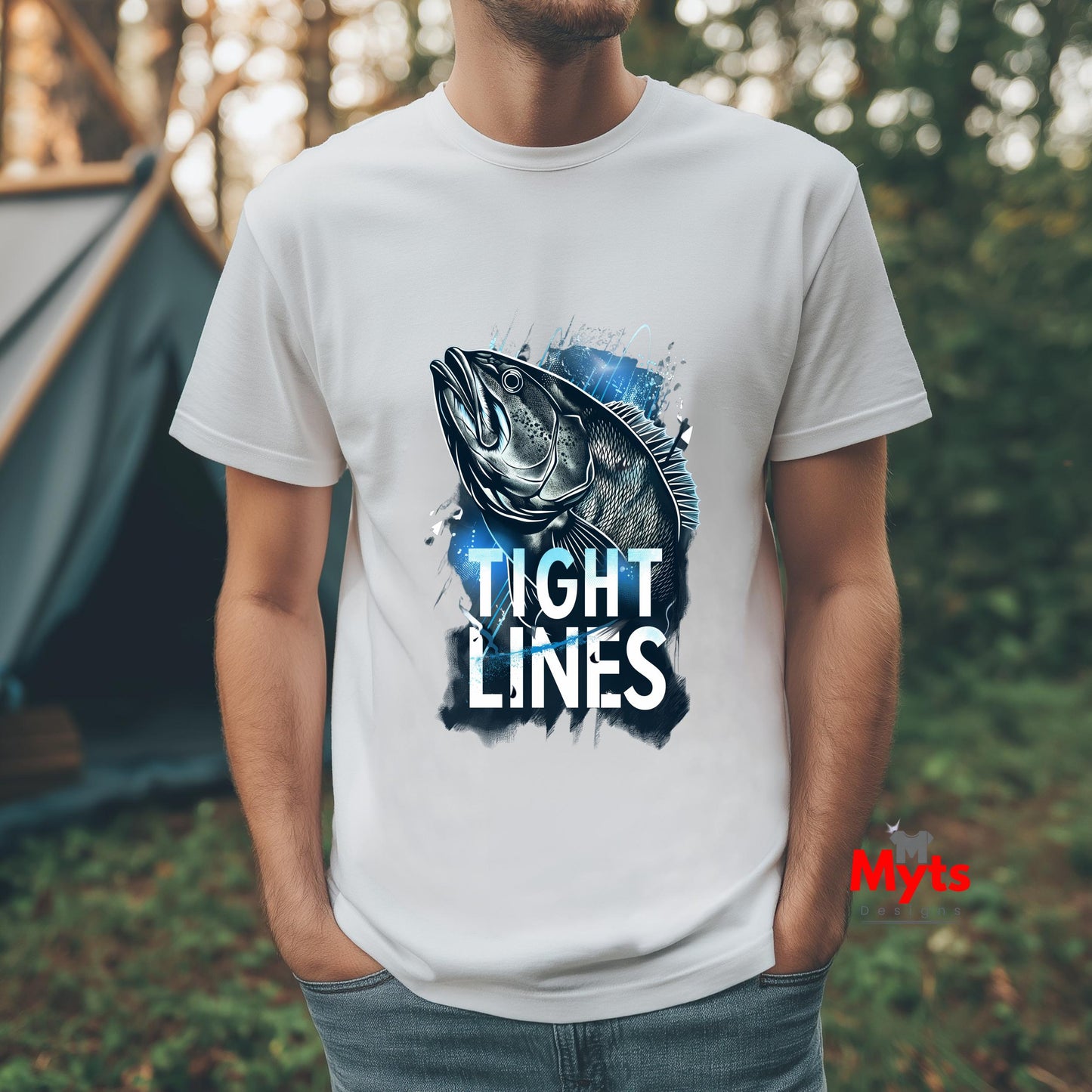 Person wearing a white t-shirt with a fish graphic and 'TIGHT LINES' text, standing outdoors.