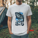 Person wearing a white t-shirt with a fish graphic and 'TIGHT LINES' text, standing outdoors.