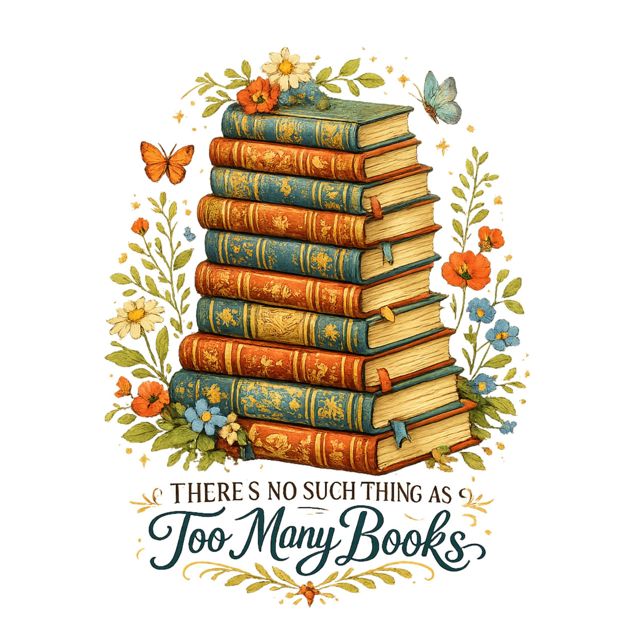 Stack of books with floral decorations and a quote on a white background