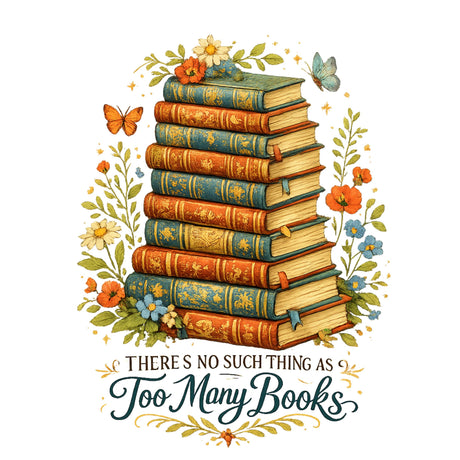 Stack of books with floral decorations and a quote on a white background