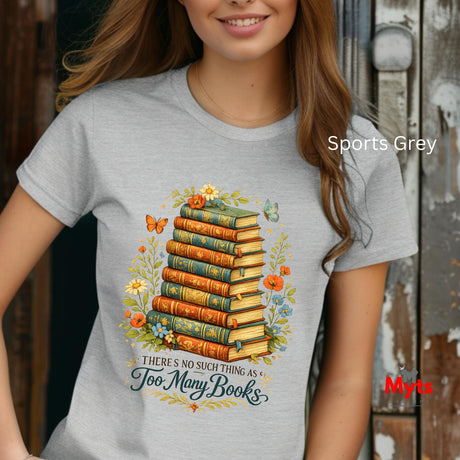 Person wearing a sports grey t-shirt with a book-themed design and 'Myts' branding.