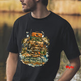 Person wearing a black t-shirt with a fishing-themed graphic and text.