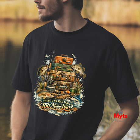 Person wearing a black t-shirt with a fishing-themed graphic and text.