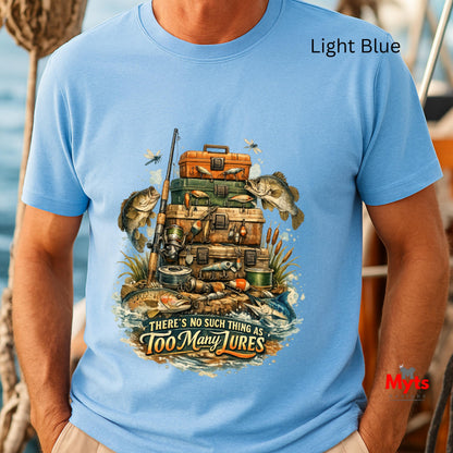 Light blue t-shirt with fishing-themed graphic and text 'There's no such thing as too many lures' worn by a person.