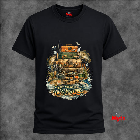 Black t-shirt with fishing-themed graphic and 'Myts' branding on a gray background
