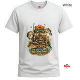 White t-shirt with fishing-themed graphic and text 'There's no such thing as too many lures' on a white background.