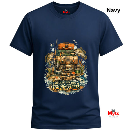 Navy blue t-shirt with fishing-themed graphic and 'Myts' branding.