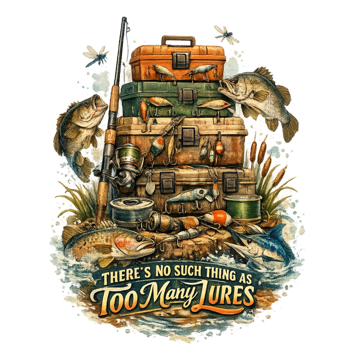 Fishing-themed graphic with tackle box, fishing rod, and fish illustrations, featuring the quote 'There's no such thing as too many lures'.